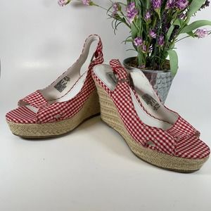 American Eagle Wm's 8 Red White Gingham Espadrille Wedge Sandal